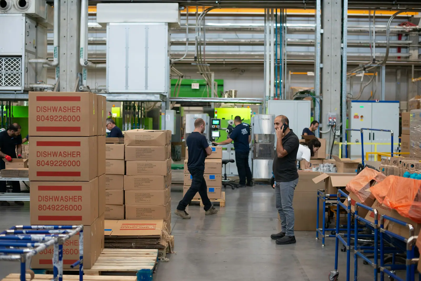 Cardboard boxes stacked on a factory floor