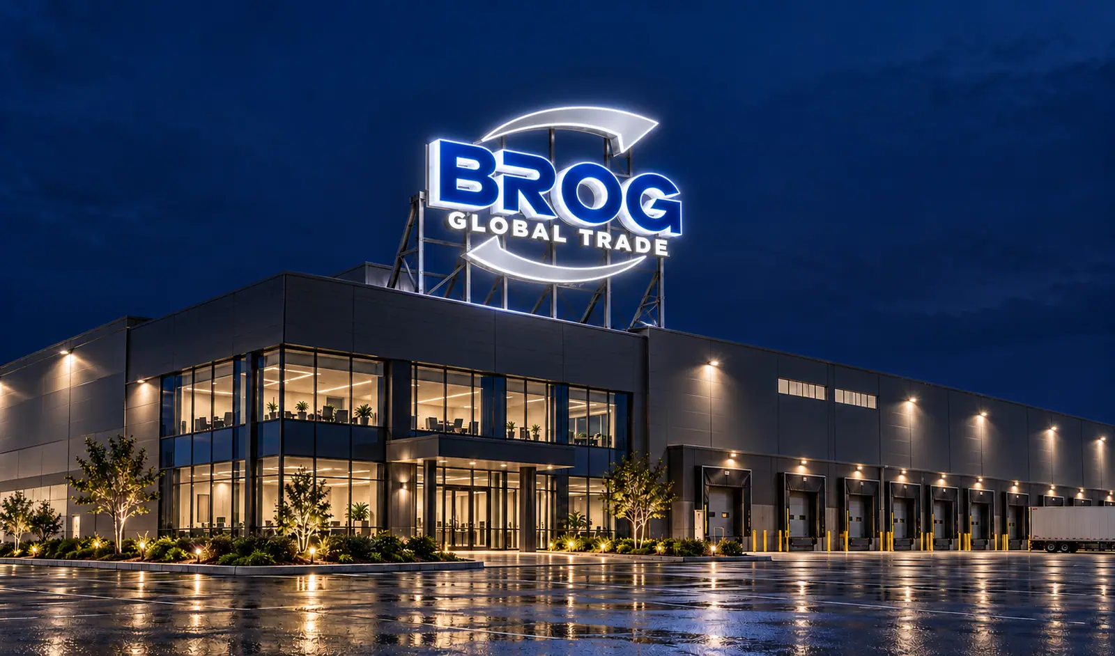 A warehouse at night with loading docks and a lit BROG Global Trade sign on its roof